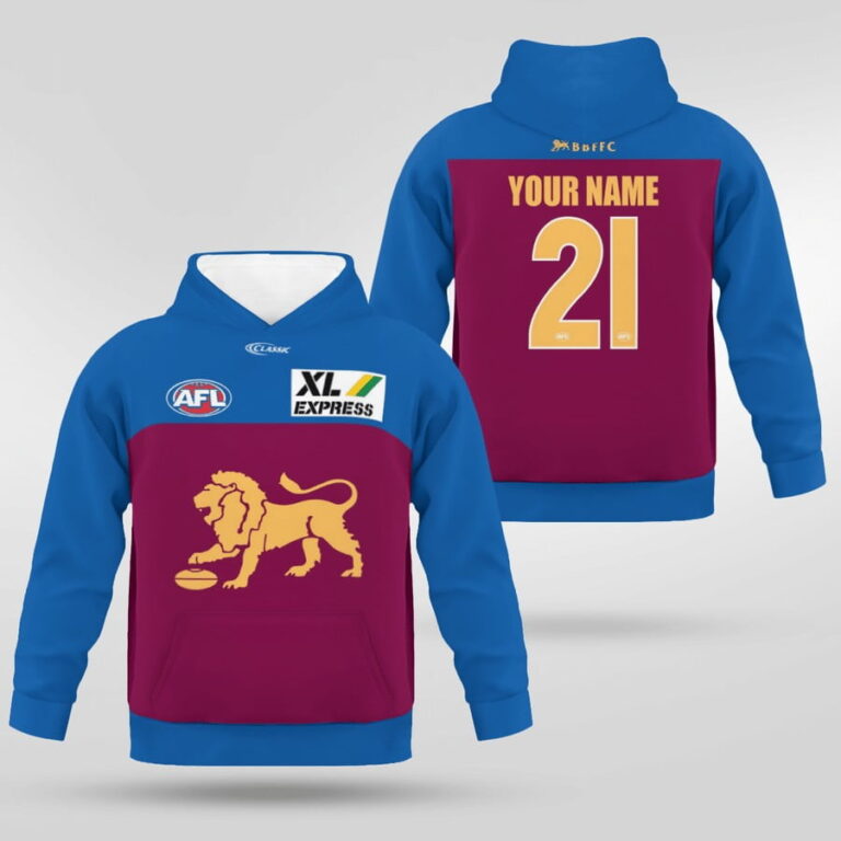 AFL Brisbane Lions Custom Name Number 2021 Home Guernsey Kids Pullover Hoodie