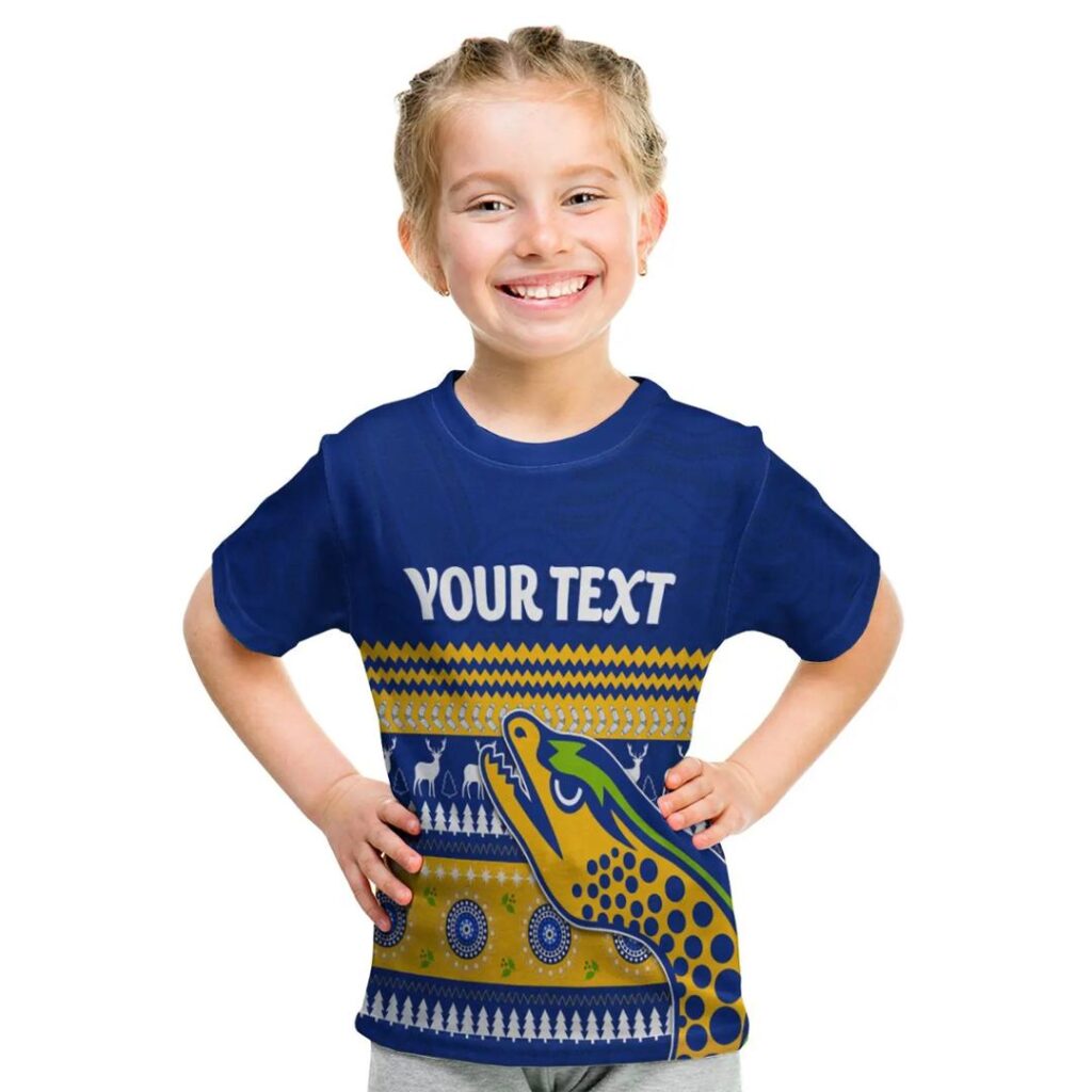 NRL Parramatta Eels Custom Text Indigenous Christmas Style Kids T-Shirt
