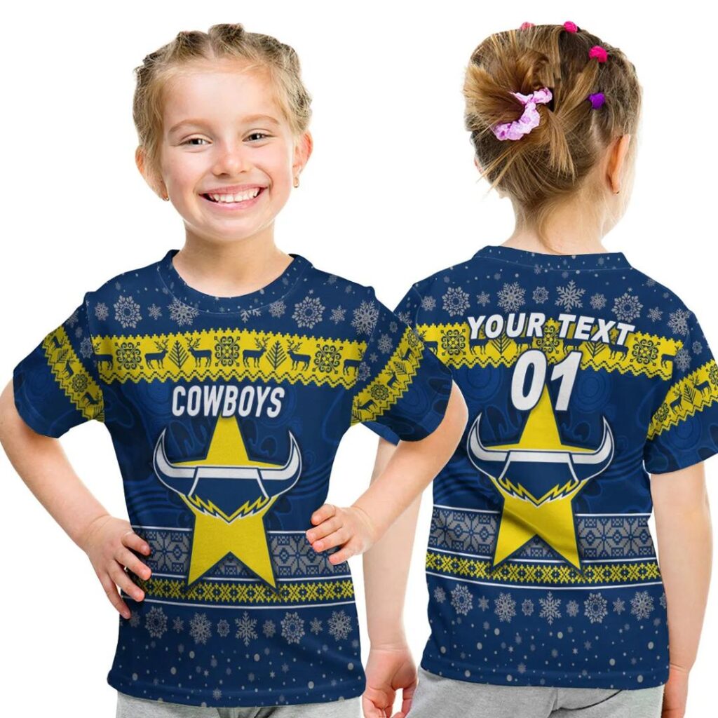 NRL North Queensland Cowboys Custom Name Number Christmas Kids T-Shirt