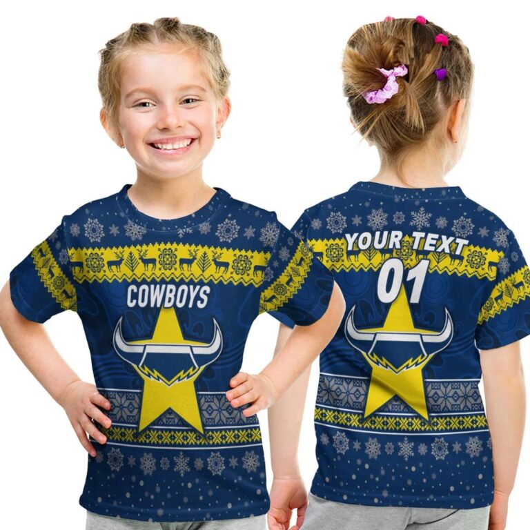NRL North Queensland Cowboys Custom Name Number Christmas Kids T-Shirt