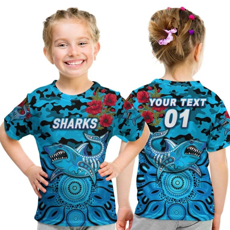 NRL Cronulla-Sutherland Sharks Custom Name Number Anzac Day Camo Kids T-Shirt