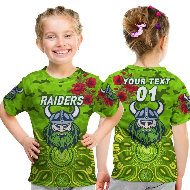 NRL Canberra Raiders Custom Name Number Anzac Day Indigenous Kids T-Shirt
