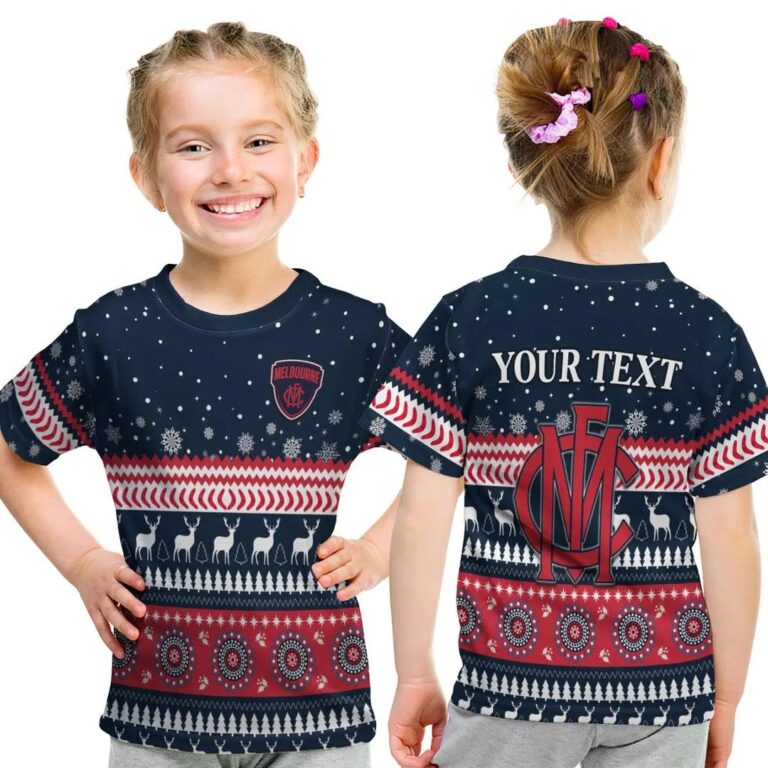 AFL Melbourne Demons Custom Text Indigenous Christmas Style Kids T-Shirt