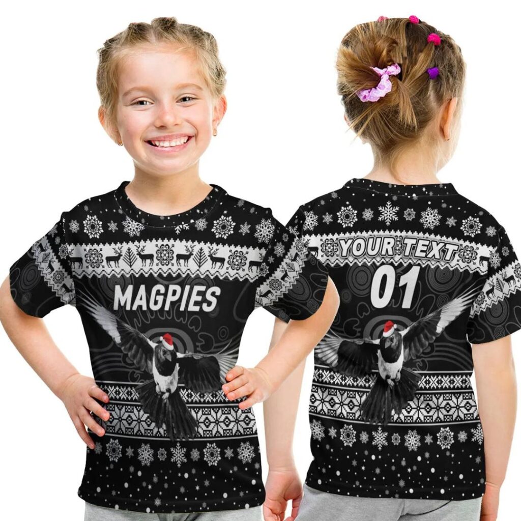 AFL Collingwood Magpies Custom Name Number Indigenous Christmas Style Kids T-Shirt