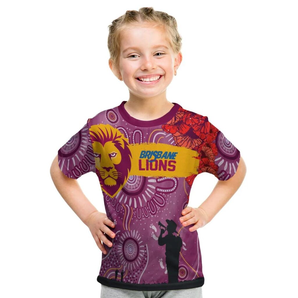 AFL Brisbane Lions Custom Text Indigenous Anzac Day Kids T-Shirt