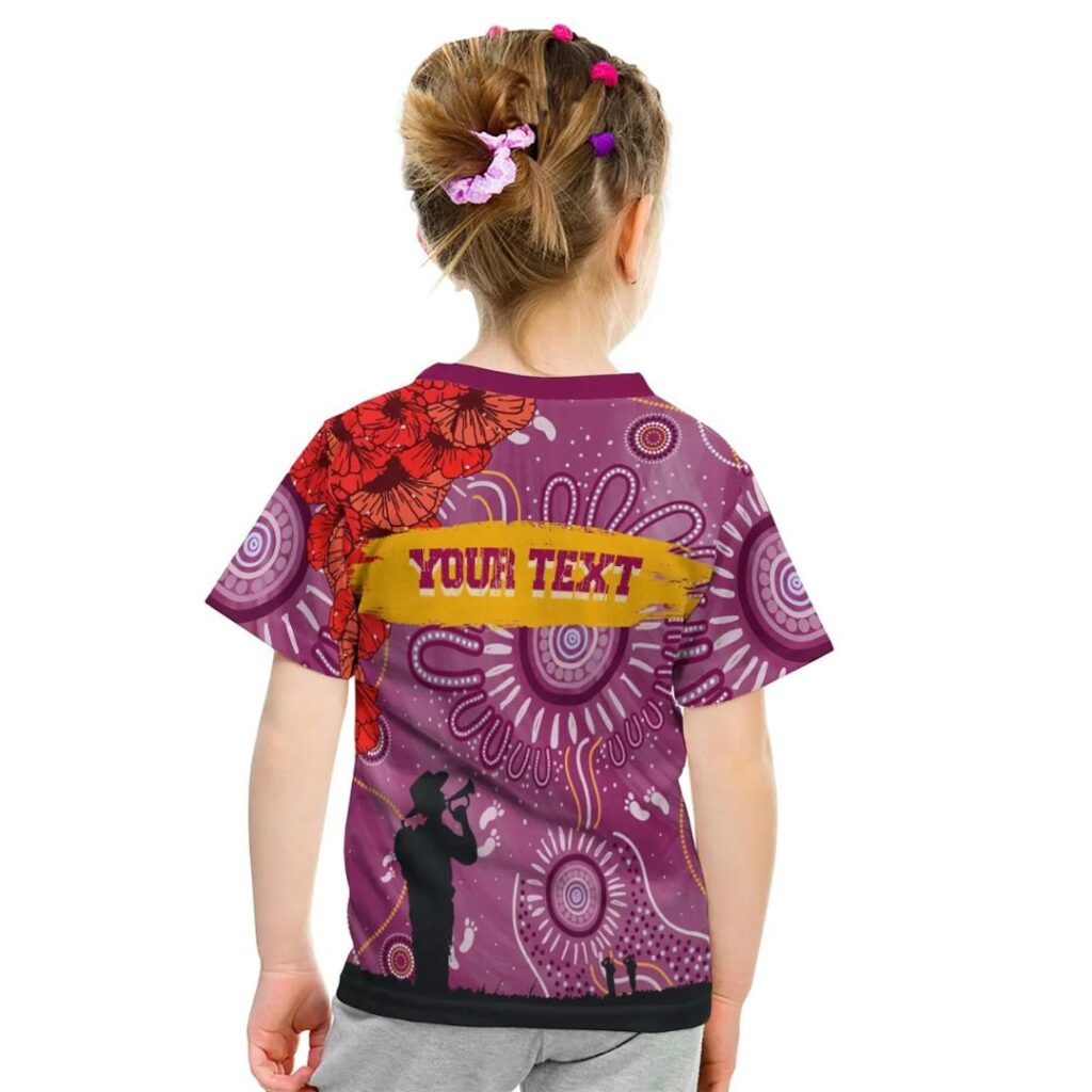 AFL Brisbane Lions Custom Text Indigenous Anzac Day Kids T-Shirt