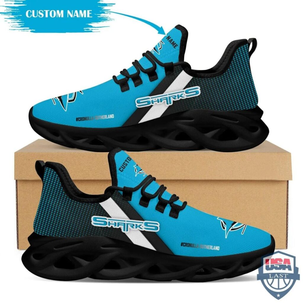NRL Cronulla-Sutherland Sharks Custom Name Blue Black Max Soul Shoes V5