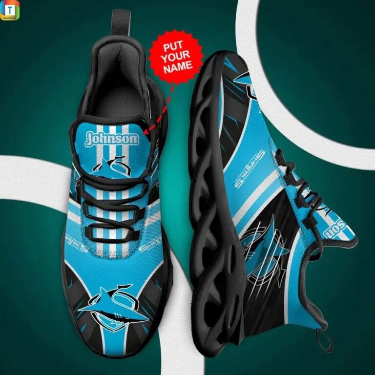 NRL Cronulla-Sutherland Sharks Custom Name Blue Black Max Soul Shoes V4