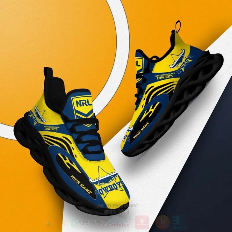NRL North Queensland Cowboys Custom Name Yellow Blue Max Soul Shoes