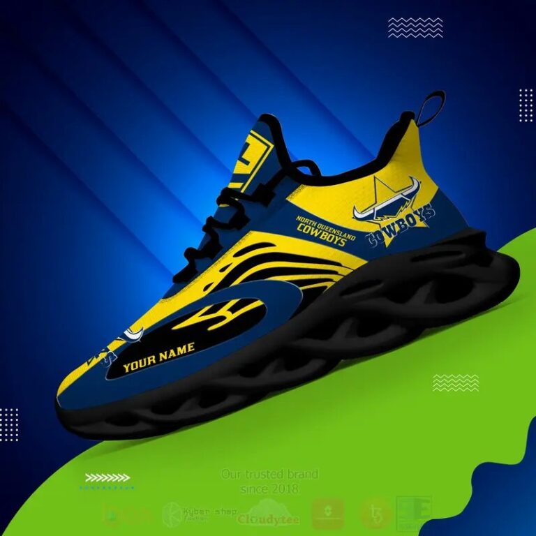 NRL North Queensland Cowboys Custom Name Yellow Blue Max Soul Shoes