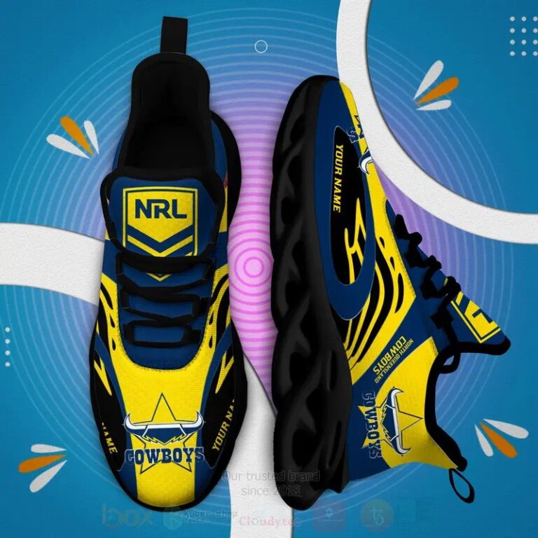 NRL North Queensland Cowboys Custom Name Yellow Blue Max Soul Shoes