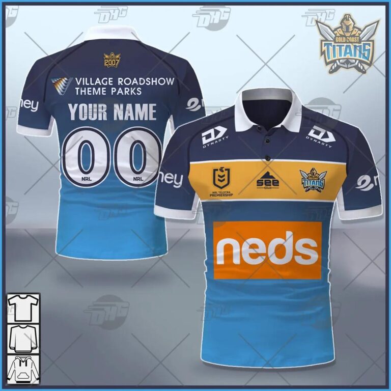 NRL Gold Coast Titans Custom Name Number 2021 Home Jersey Polo Shirt