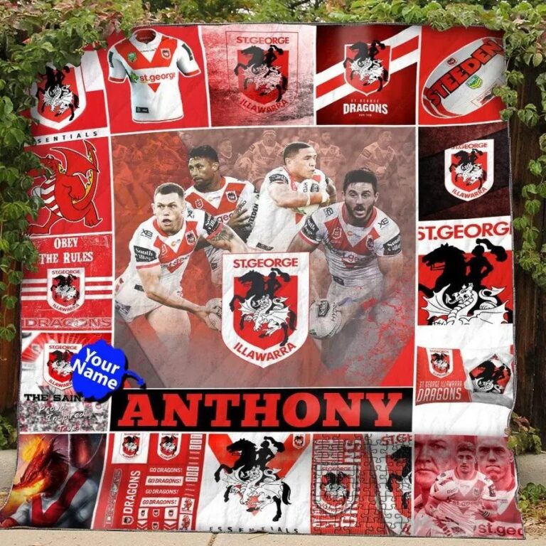 NRL St George Illawarra Dragons . Cuom Name Quilt Blanket V2