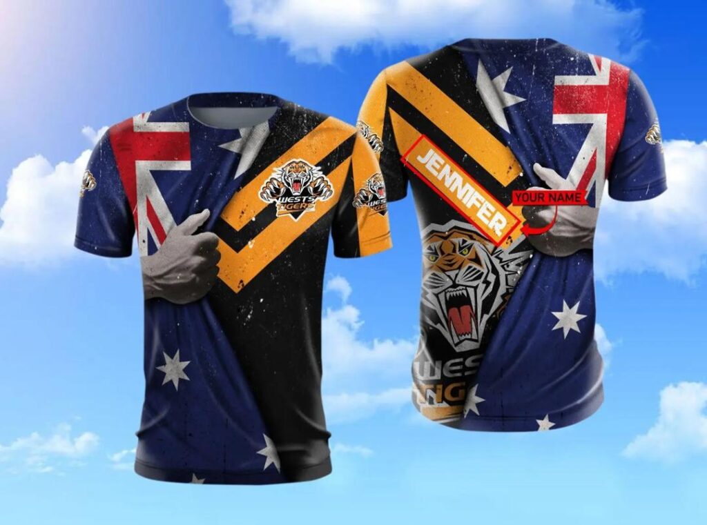 NRL Wests Tigers Custom Name Australian Flag T-Shirt