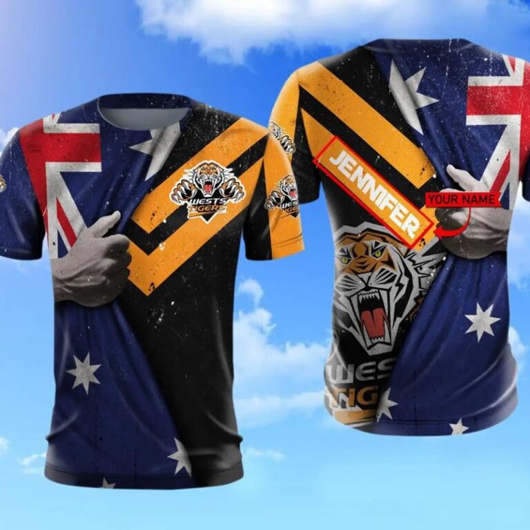 NRL Wests Tigers Custom Name Australian Flag T-Shirt