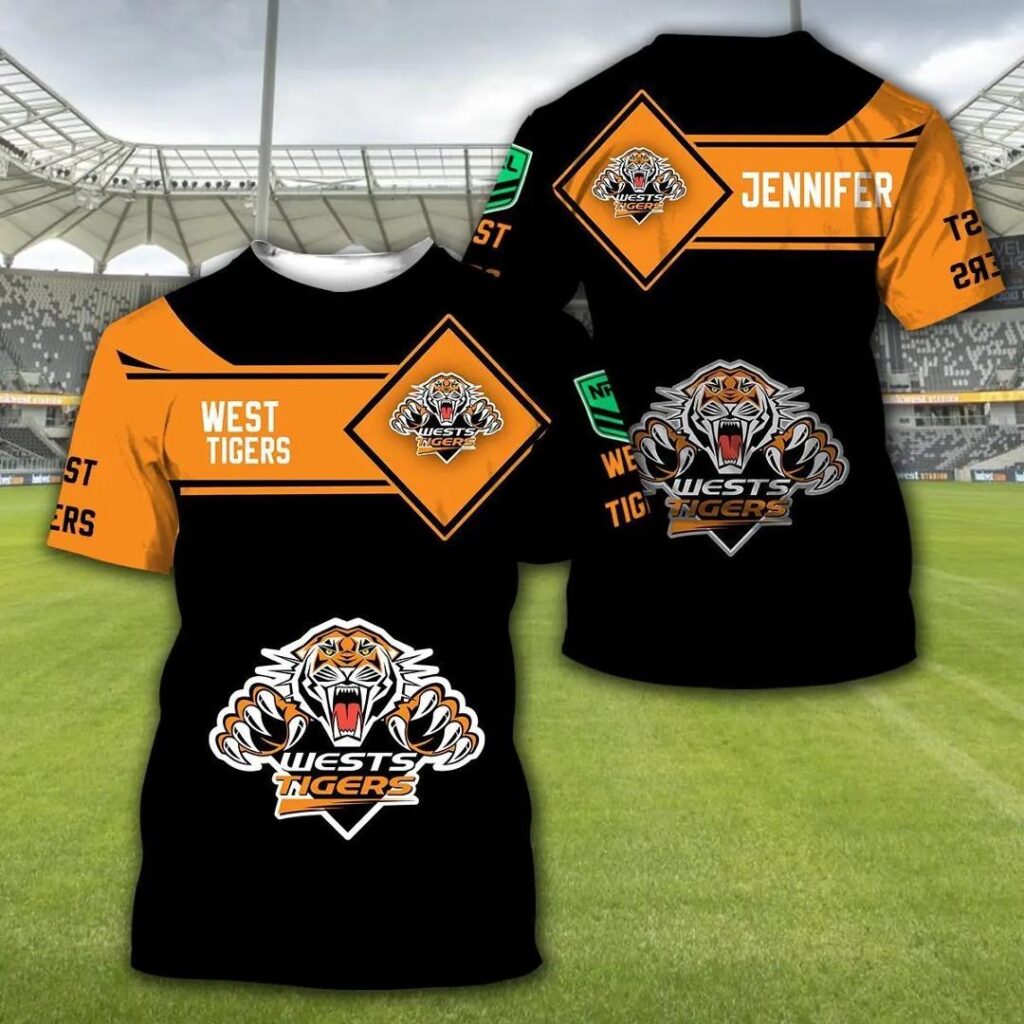 NRL Wests Tigers Custom Name Gold Black T-Shirt