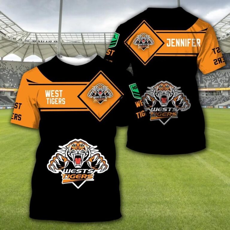 NRL Wests Tigers Custom Name Gold Black T-Shirt