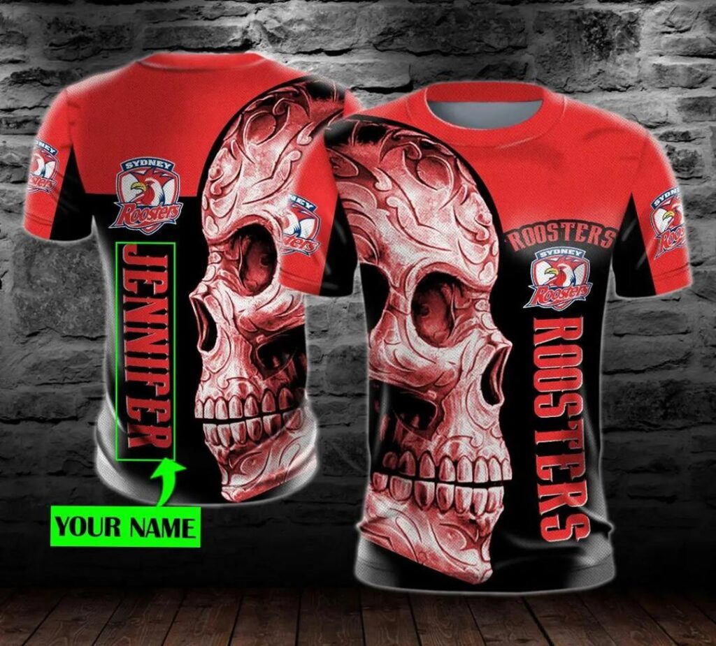 NRL Sydney Roosters Custom Name Skull T-Shirt