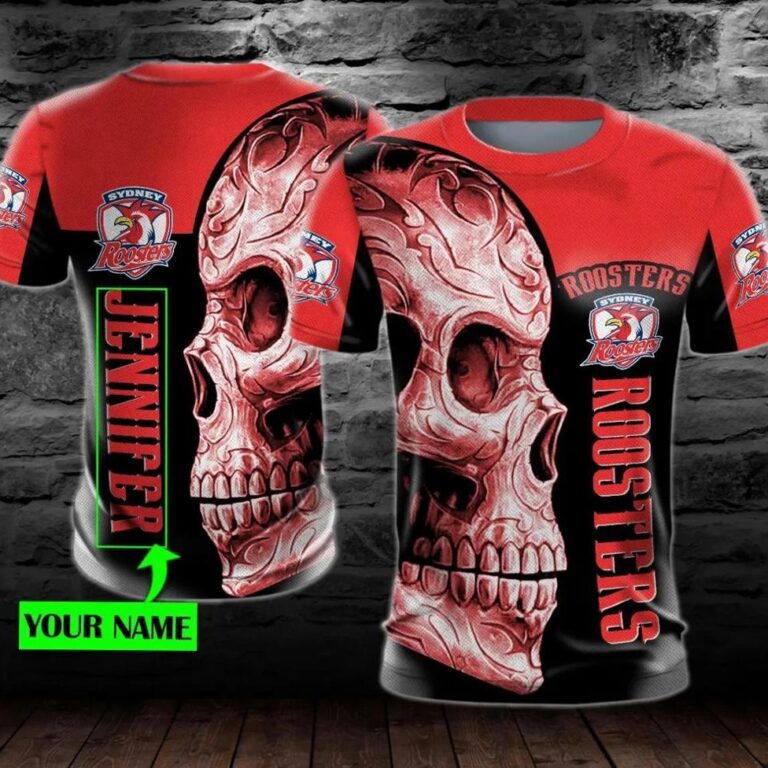 NRL Sydney Roosters Custom Name Skull T-Shirt