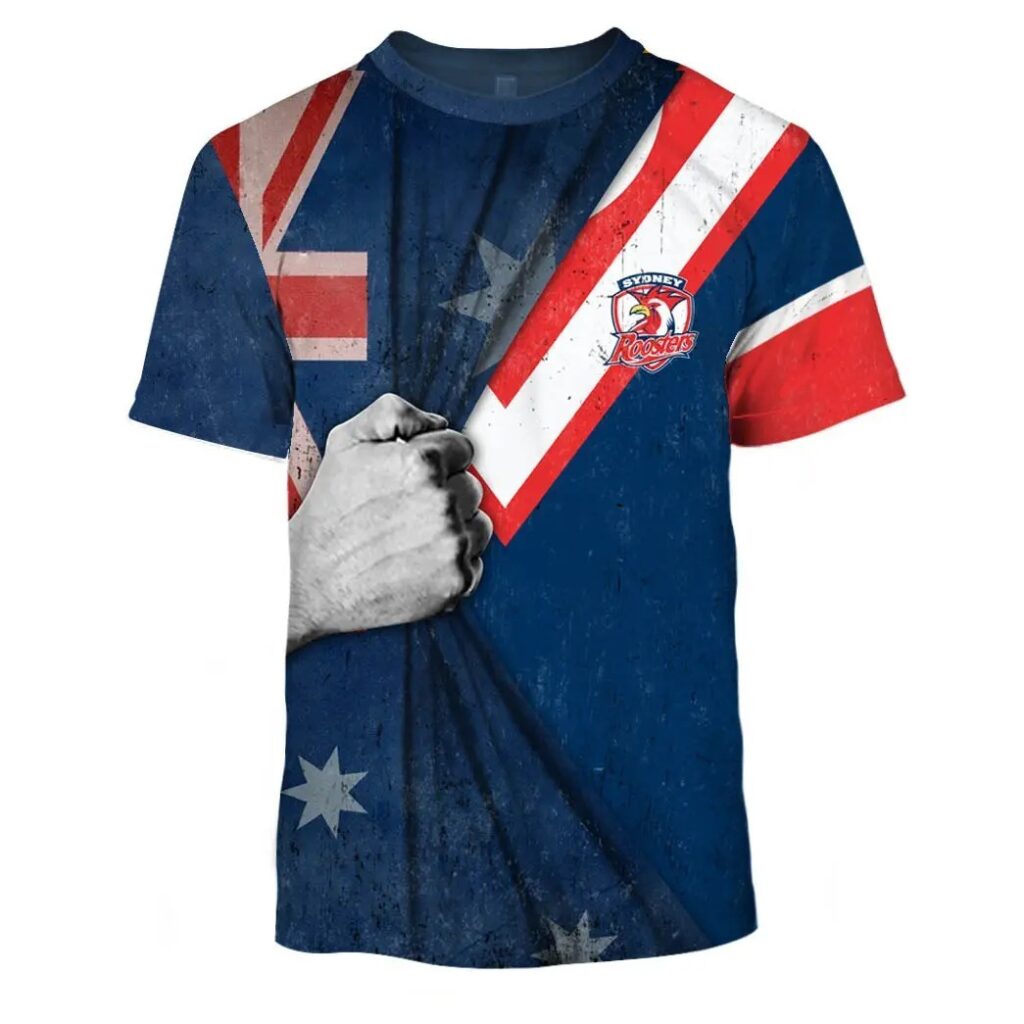 NRL Sydney Roosters Custom Name Number Australian Flag T-Shirt