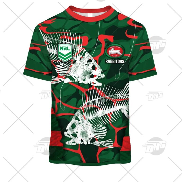 NRL South Sydney Rabbitohs Custom Name Number 2021 Fishing T-Shirt