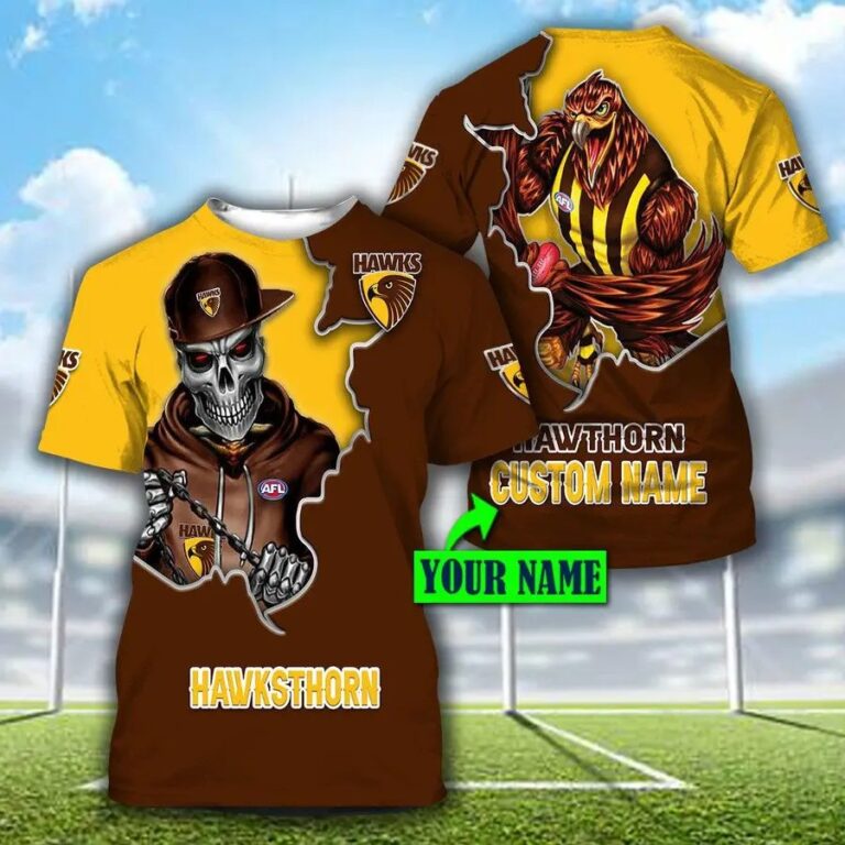 AFL Hawthorn Hawks Custom Name Mascot Skull T-Shirt