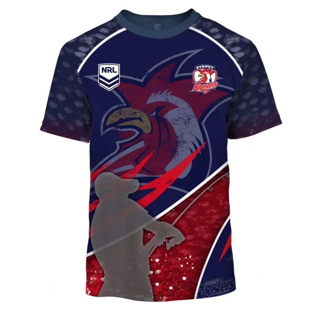 NRL Sydney Roosters Custom Name Number Fishing T59 T-Shirt
