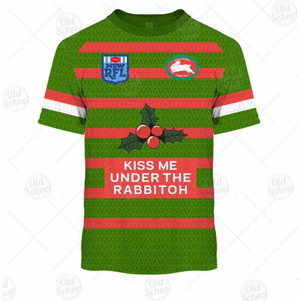 NRL South Sydney Rabbitohs Custom Name Number Christmas Knit Pattern Vintage T-Shirt