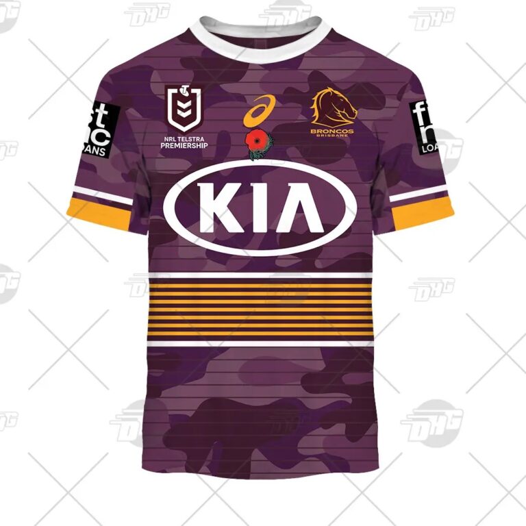 NRL Brisbane Broncos Custom Name Number 2021 ANZAC T-Shirt