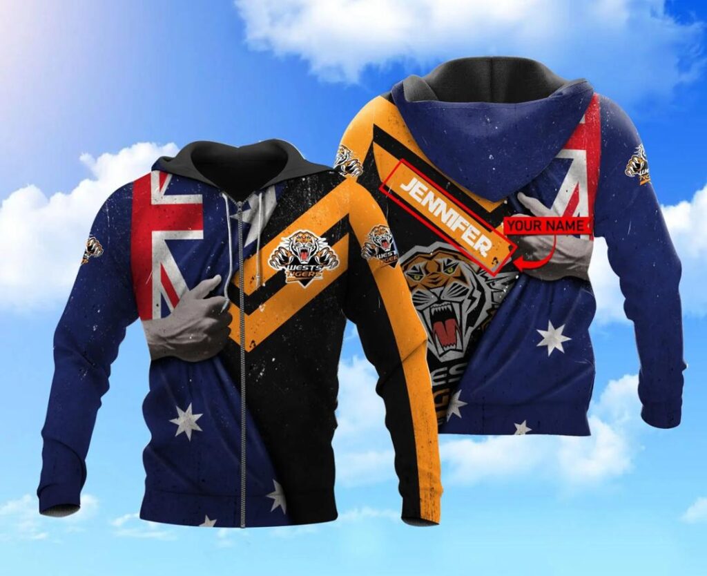 NRL Wests Tigers Custom Name Australian Flag Zip Up Hoodie