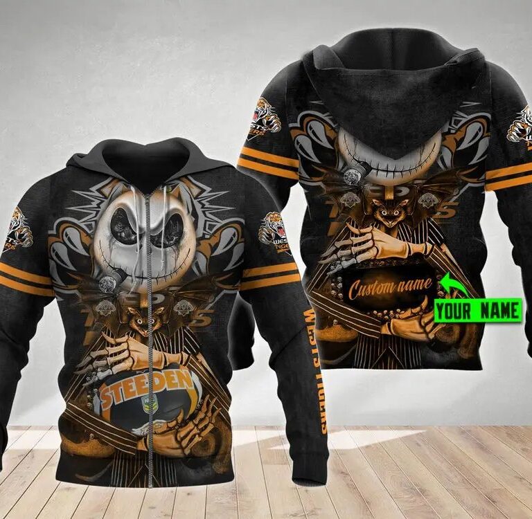 NRL Wests Tigers Custom Name Jack Skellington Zip Up Hoodie