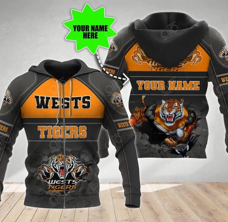 NRL Wests Tigers Custom Name Mascot Zip Up Hoodie