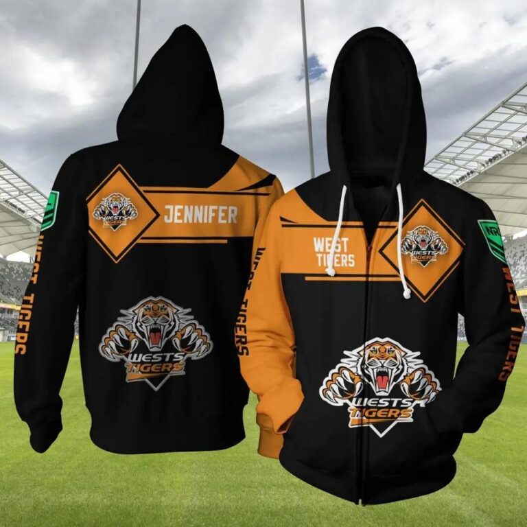 NRL Wests Tigers Custom Name Gold Black Zip Up Hoodie