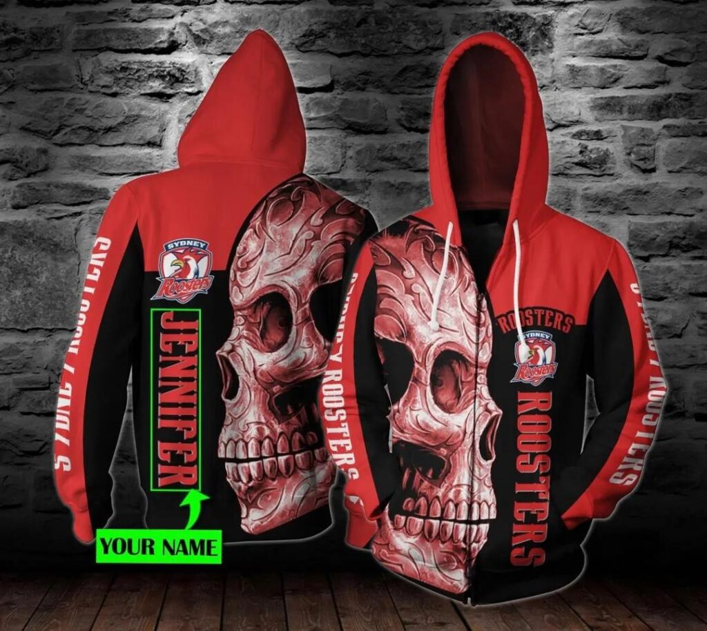 NRL Sydney Roosters Custom Name Skull Zip Up Hoodie