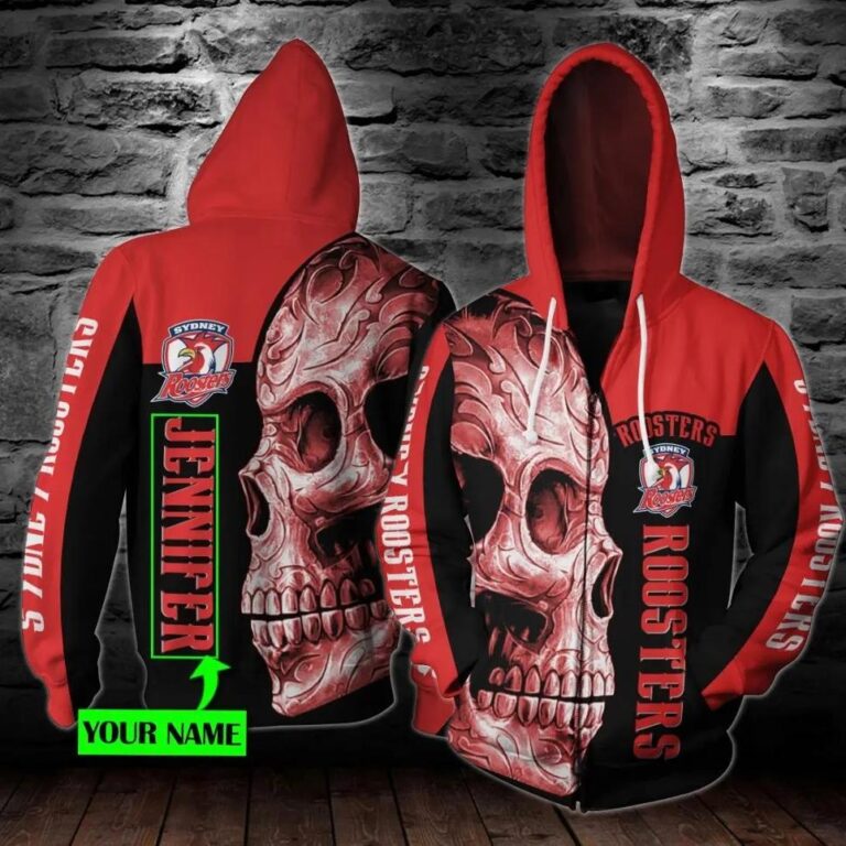 NRL Sydney Roosters Custom Name Skull Zip Up Hoodie