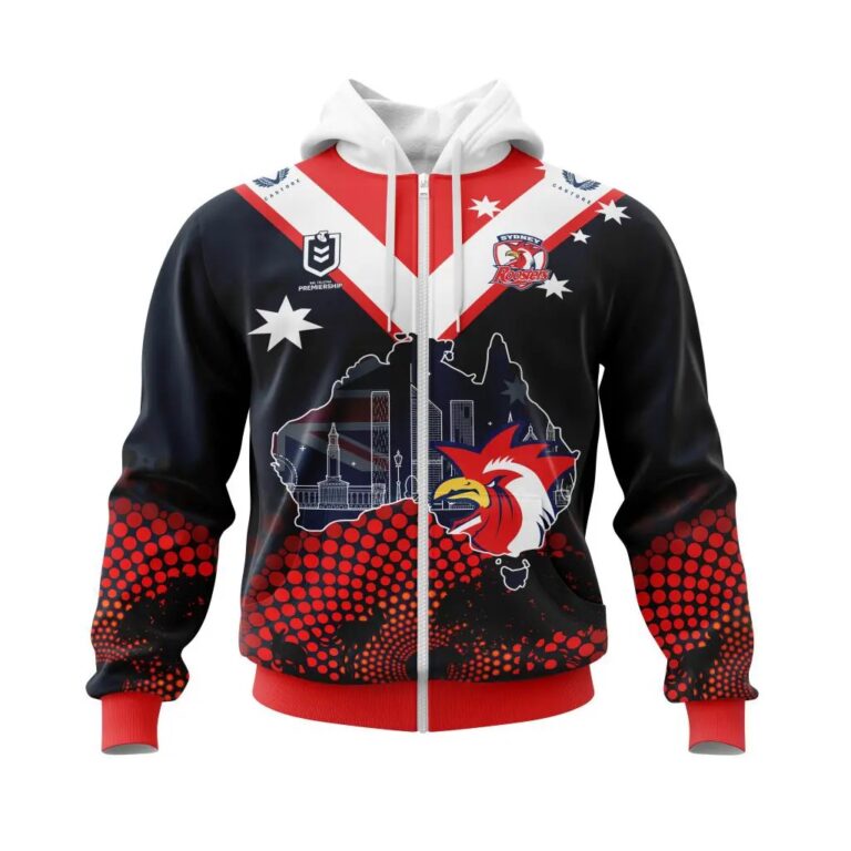 NRL Sydney Roosters Custom Name Number Australia’s Day Zip Up Hoodie