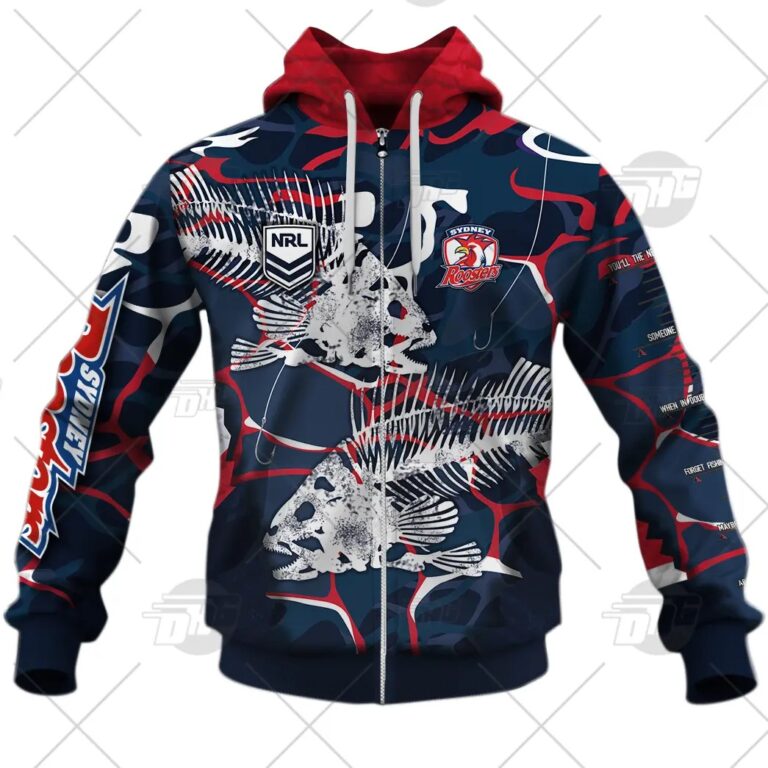 NRL Sydney Roosters Custom Name Number 2021 Fishing Zip Up Hoodie