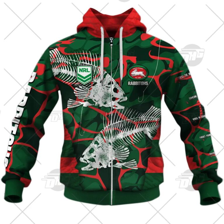 NRL South Sydney Rabbitohs Custom Name Number 2021 Fishing Zip Up Hoodie