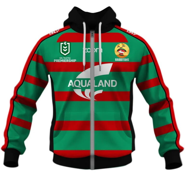 NRL South Sydney Rabbitohs Custom Name Number 2020 Home Jersey Care Emoji Zip Up Hoodie