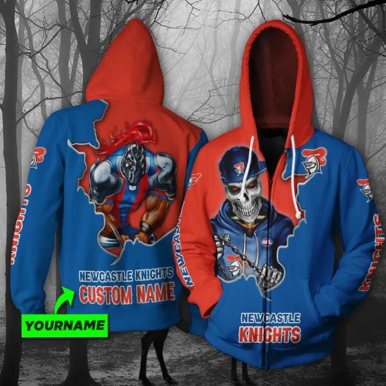 NRL Newcastle Knights Custom Name Mascot Skull Zip Up Hoodie