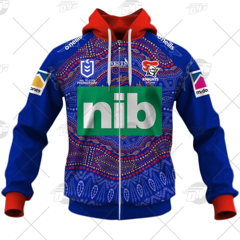 NRL Newcastle Knights Custom Name Number On Field Indigenous Jersey 2021 Zip Up Hoodie