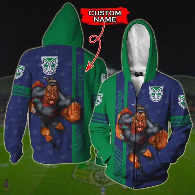 NRL New Zealand Warriors Custom Name Mascot Zip Up Hoodie