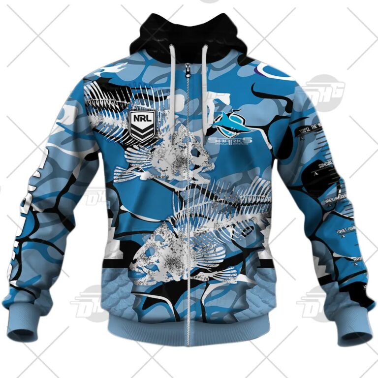 NRL Cronulla-Sutherland Sharks Custom Name Number Fishing Zip Up Hoodie