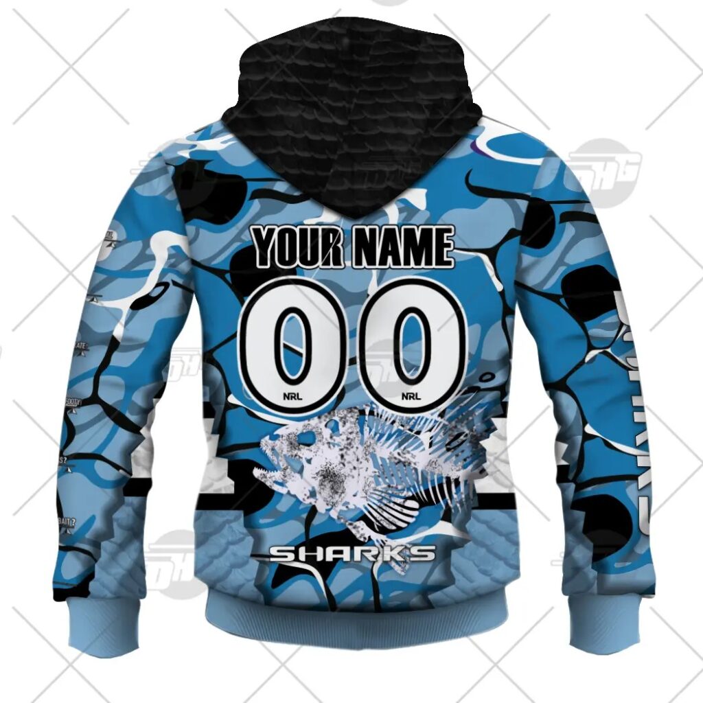 NRL Cronulla-Sutherland Sharks Custom Name Number Fishing Zip Up Hoodie