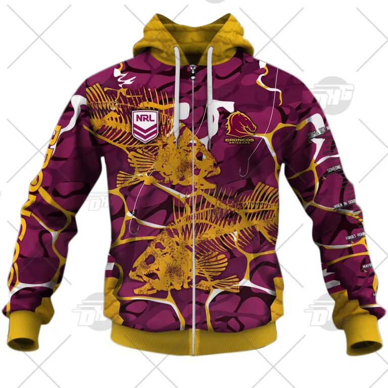 NRL Brisbane Broncos Custom Name Number 2021 Fishing Zip Up Hoodie