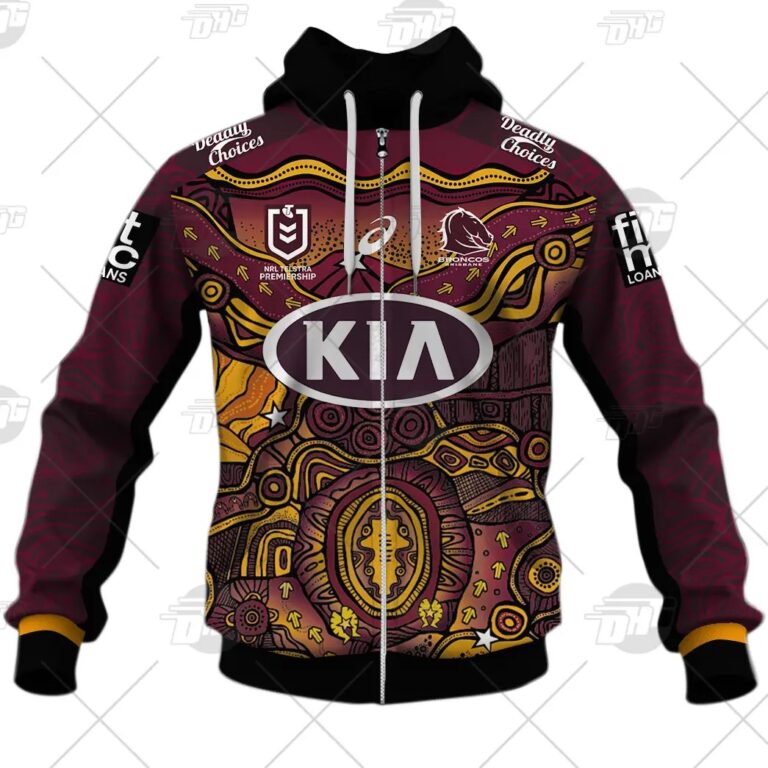 NRL Brisbane Broncos Custom Name Number On Field Indigenous Jersey 2021 Zip Up Hoodie