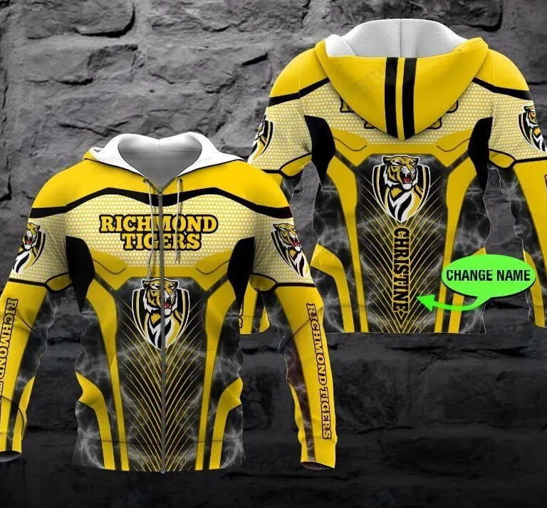 AFL Richmond Tigers Custom Name Yellow Zip Up Hoodie