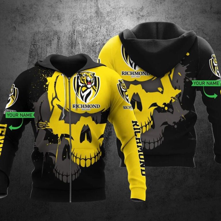 AFL Richmond Tigers Custom Name Skull Zip Up Hoodie