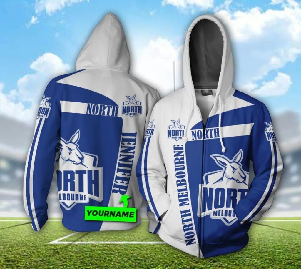 AFL North Melbourne Kangaroos Custom Name White Royal Zip Up Hoodie