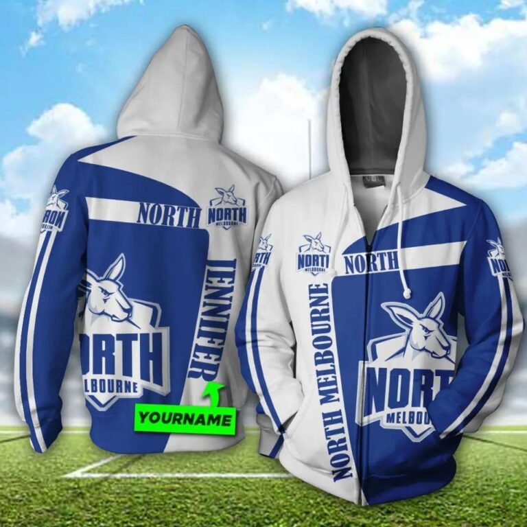AFL North Melbourne Kangaroos Custom Name White Royal Zip Up Hoodie